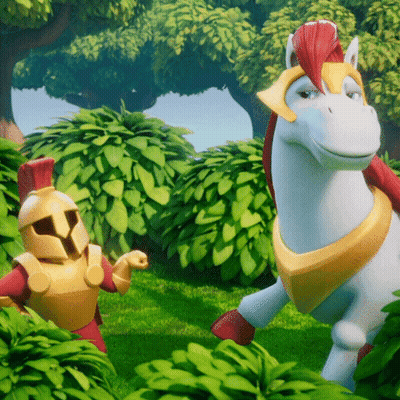 White Horse With Red Mane Next To Knight In Armor GIF