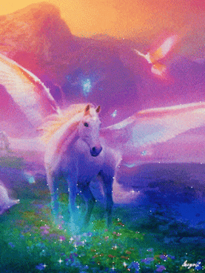White Horse With Wings And Unicorn GIF