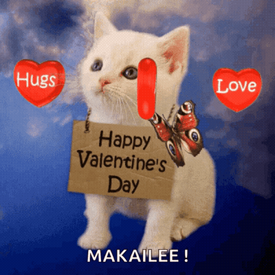 White Kitten Holding Happy Valentine's Day Makailee Sign