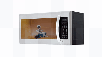 White LG Microwave With Woman On Screen GIF