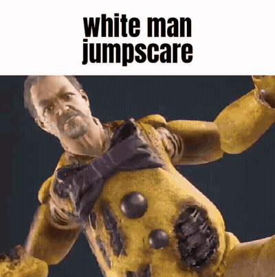 White Man Jumpscaring Yellow Puppet With Purple Bow Tie GIF