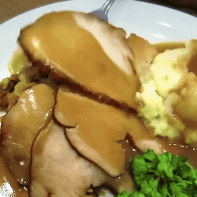 White Plate With Turkey Mashed Potatoes Gravy And Green Peas GIF