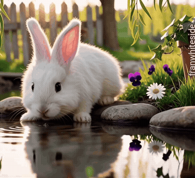 White Rabbit Drinking From Pond With Flowers GIF