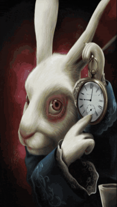 White Rabbit Pointing At Roman Numeral Pocket Watch GIF