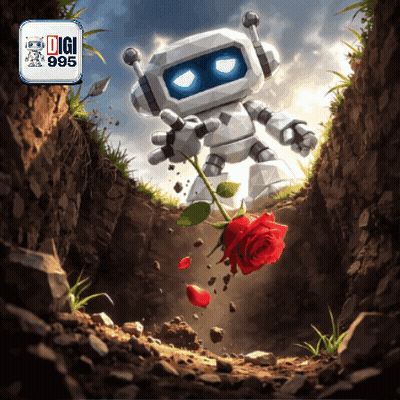 White Robot Holding Red Rose With Digi 985 Logo GIF