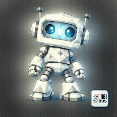 White Robot With Blue Eyes Next To Digi 996 Logo GIF