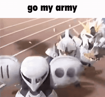 White Robots Standing On Track Saying Go My Army GIF