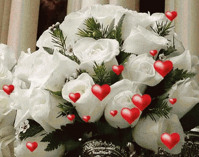 White Roses Bouquet With Red Hearts And Greenery GIF