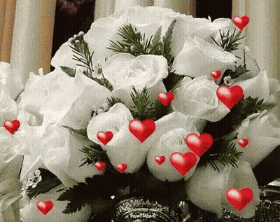 White Roses With Red Hearts And Greenery GIF