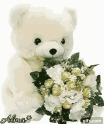 White Teddy Bear Holding Bouquet Buenas Tardes GIF