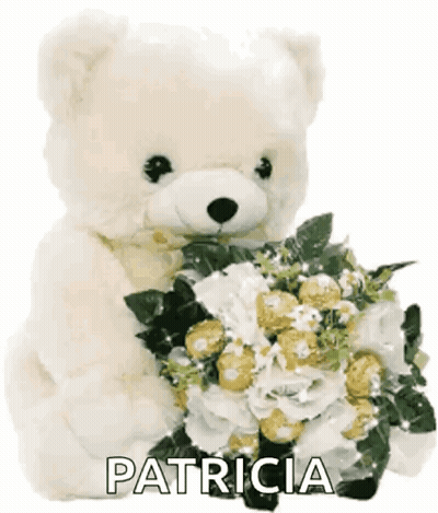 White Teddy Bear Holding Flowers With Name Patricia GIF