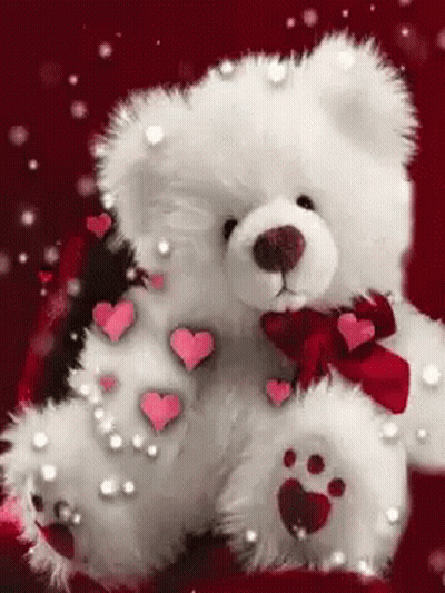 White Teddy Bear With Red Bow, Hearts, Pearls GIF