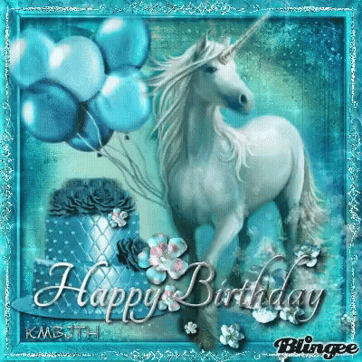 White Unicorn Holding Balloons And Cake GIF