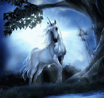 White Unicorn Standing Under Tree In Field GIF