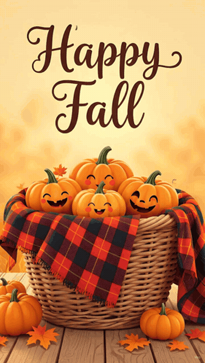 Wicker Basket Of Pumpkins Happy Fall GIF