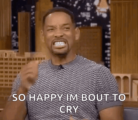 Will Smith Is Making A Funny Face And Saying `` So Happy Im Bout To Cry '' While Sitting In A Chair . GIF