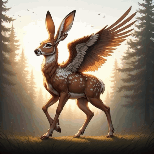 Winged Deer Walking Through Forest