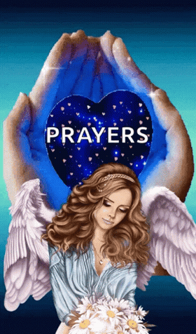 Winged Woman Holding Flowers By Blue Heart Prayers GIF