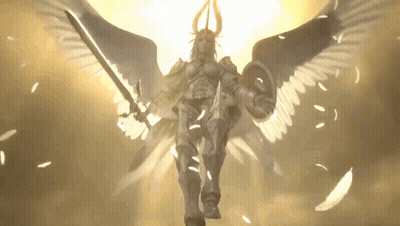 Winged Woman Statue With Sword And Shield GIF