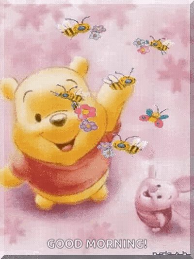 Winnie The Pooh And Piglet With Bees On Pink GIF