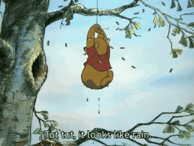 Winnie The Pooh Hanging From Tree Saying Tut Tut It Looks Like Rain GIF