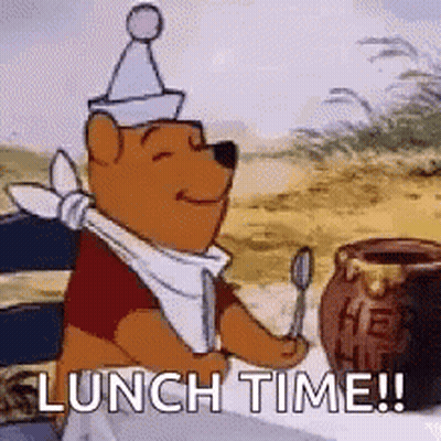Winnie The Pooh Holding Spoon And Knife Saying Lunch Time GIF