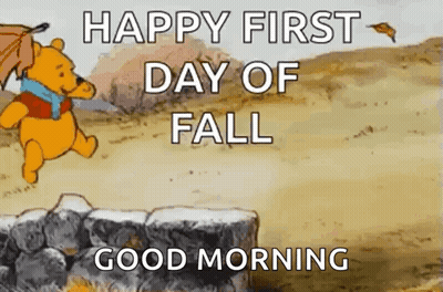 Winnie the Pooh Holding Umbrella Saying Happy First Day of Fall Good Morning