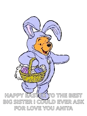 Winnie The Pooh Is Dressed As An Easter Bunny And Holding An Easter Basket GIF