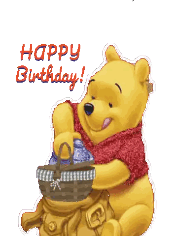 Winnie The Pooh Is Holding A Basket With The Words Happy Birthday Written On It Sticker