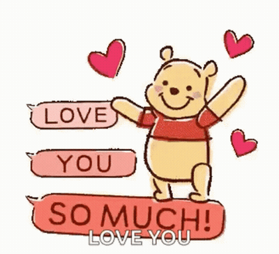 Winnie The Pooh Is Holding A Sign That Says `` Love You So Much ! Love You '' Surrounded By Hearts . GIF