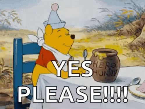 Winnie The Pooh Is Sitting At A Table With A Jar Of Honey And Says Yes Please . GIF