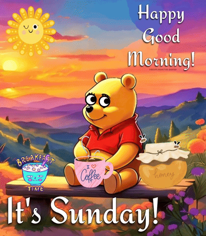 Winnie The Pooh Is Sitting On A Bench Holding A Cup Of Coffee And A Jar Of Honey . GIF