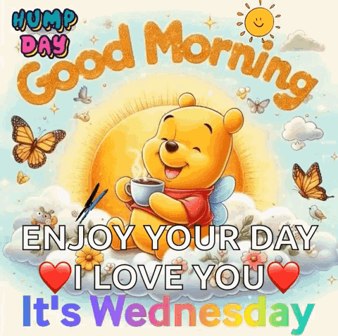 Winnie The Pooh Is Sitting On A Cloud Holding A Cup Of Coffee And Saying Good Morning . GIF