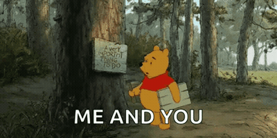 Winnie The Pooh Is Standing Next To A Tree With A Sign That Says `` A Very Important Thing To Do `` . GIF