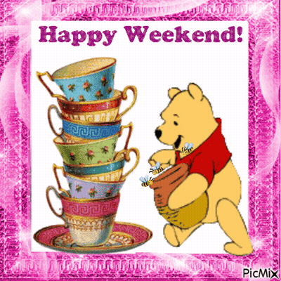 Winnie The Pooh With Stack Of Cups And Saucers Happy Weekend GIF