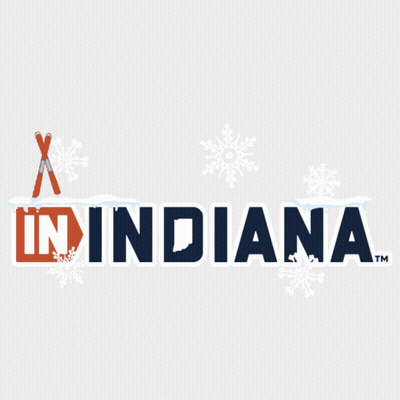 Winter Fun Indiana Logo With Skis And Snowflakes GIF