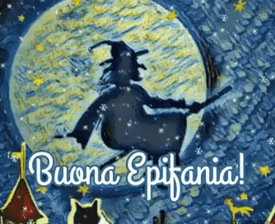 Witch Flying On Broom Under Full Moon Buona Epifania GIF