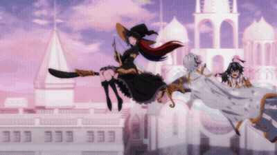 Witch Flying On Broom With Two Characters GIF