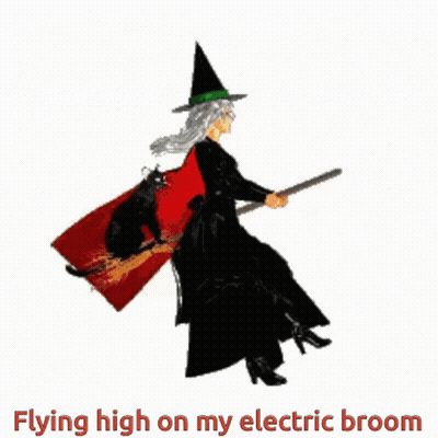 Witch Flying On Electric Broom With Cat On Back GIF