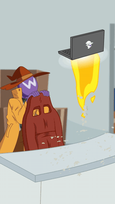 Witch Holding Chair, Laptop With Skull And Crossbones GIF