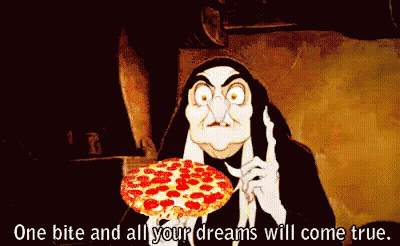 Witch Holding Pepperoni Pizza Saying One Bite And All Your Dreams Will Come True GIF