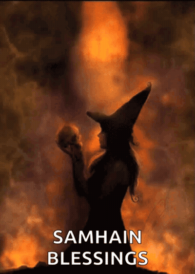 Witch Holding Skull Samhain Blessings GIF