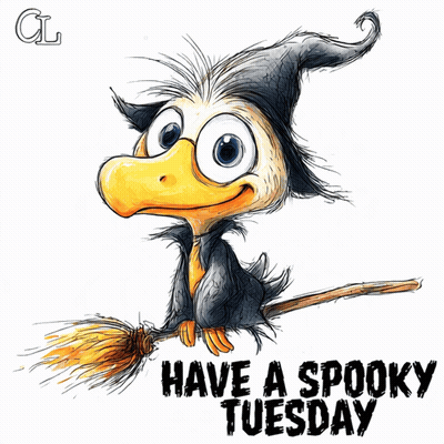 Witch On Broom Saying Have A Spooky Tuesday GIF