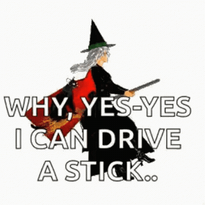 Witch On Broom With Cat Saying Why Yes Yes I Can Drive Stick GIF