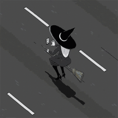 Witch Riding Broom On Street GIF