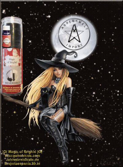 Witch Sitting On Broom Next To Import Candle GIF