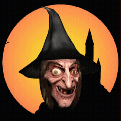 Witch With Castle And Cat On Broom GIF