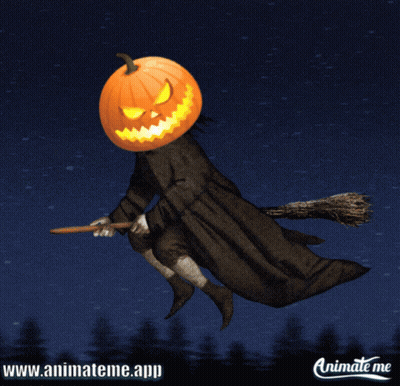 Witch With Pumpkin On Head Flying On Broom GIF