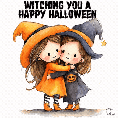 Witching You A Happy Halloween Greeting Card With Two Little Girls Hugging GIF