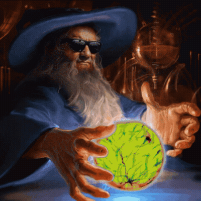 Wizard In Sunglasses And Blue Hat Holding Yellow Ball GIF